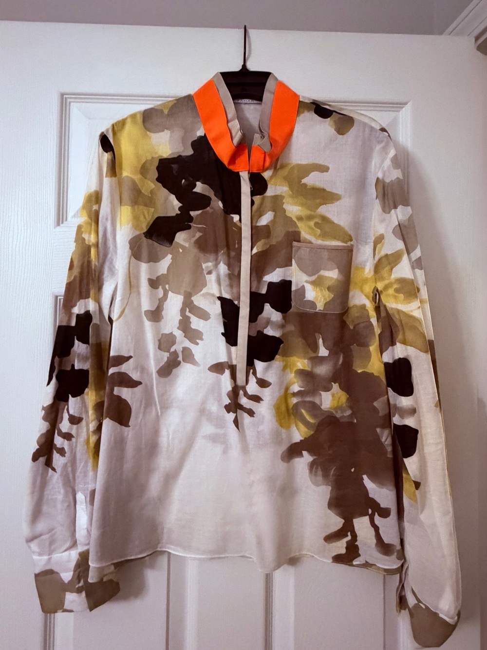 Tahari Camouflage Print 3/4 Button Shirt with Bright Orange Collar